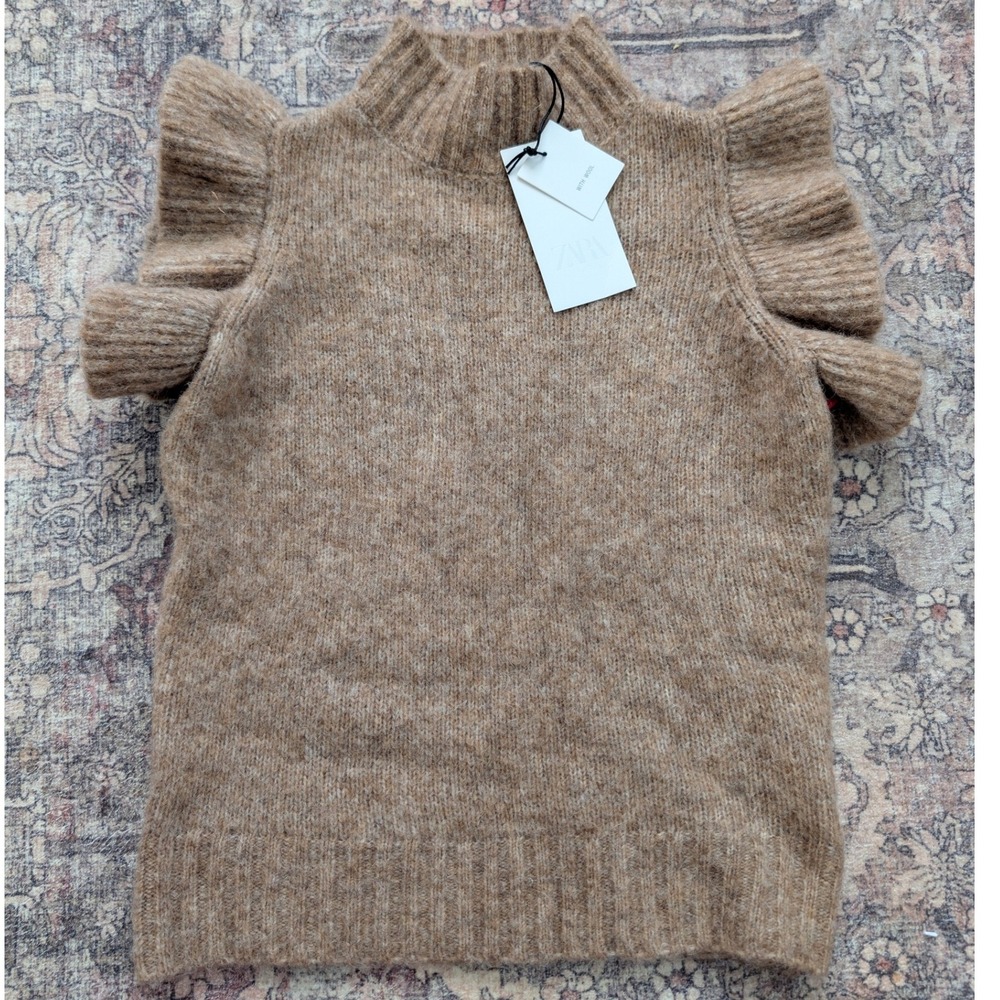 Zara Brown Wool Alpaca Blend Ruffle  Mock Neck Knit Sweater Vest S